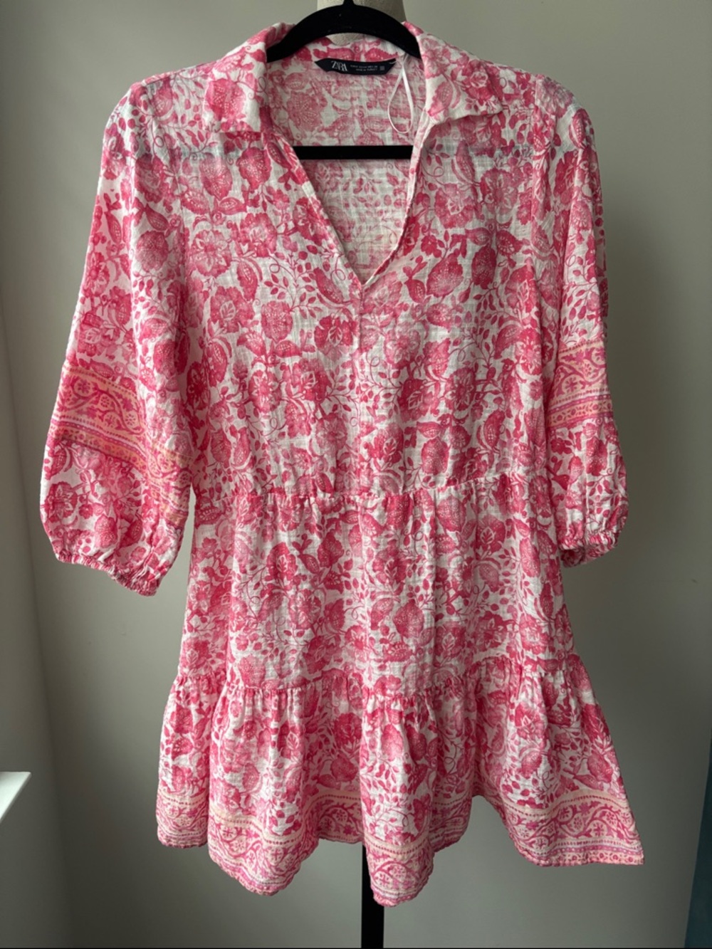 Zara Dress Womens Medium Pink White Floral V-Neck Tiered Tunic Ballon Sleeve - Picture 3 of 7
